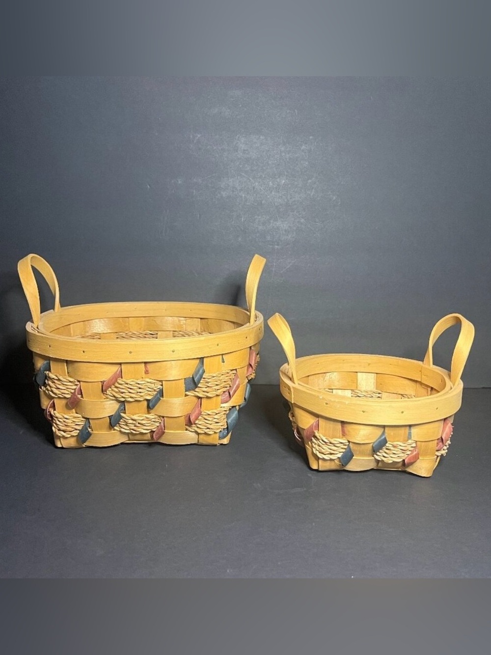 VTG Matching Set of 2 Tan, Red & Blue Roped Twisted Wicker Baskets w/ Handles